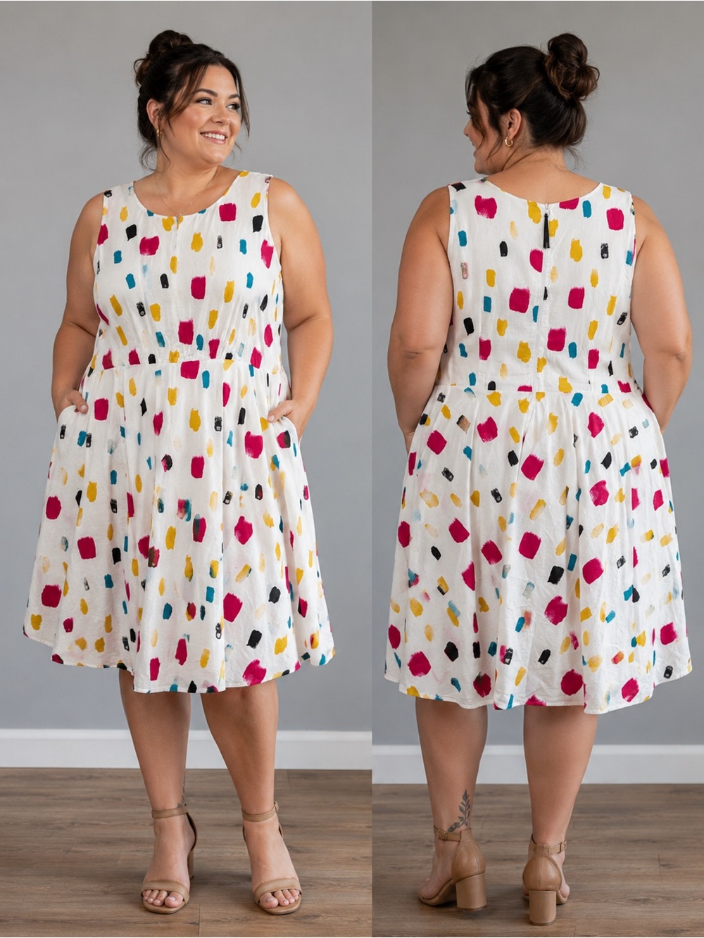 Lane Bryant 28 White Paintbrush Stroke Print Cotton Fit Flare Midi Dress Pockets